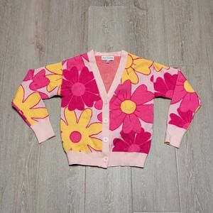 Willow & Wind Pink Yellow Floral Intarsia Knit V-Neck Button Cardigan Sweater S